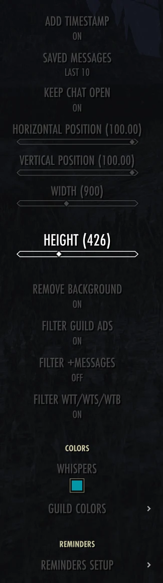 NQOL Chat settings menu showing timestamp, saved messages, HUD, colors, filters, and reminders options