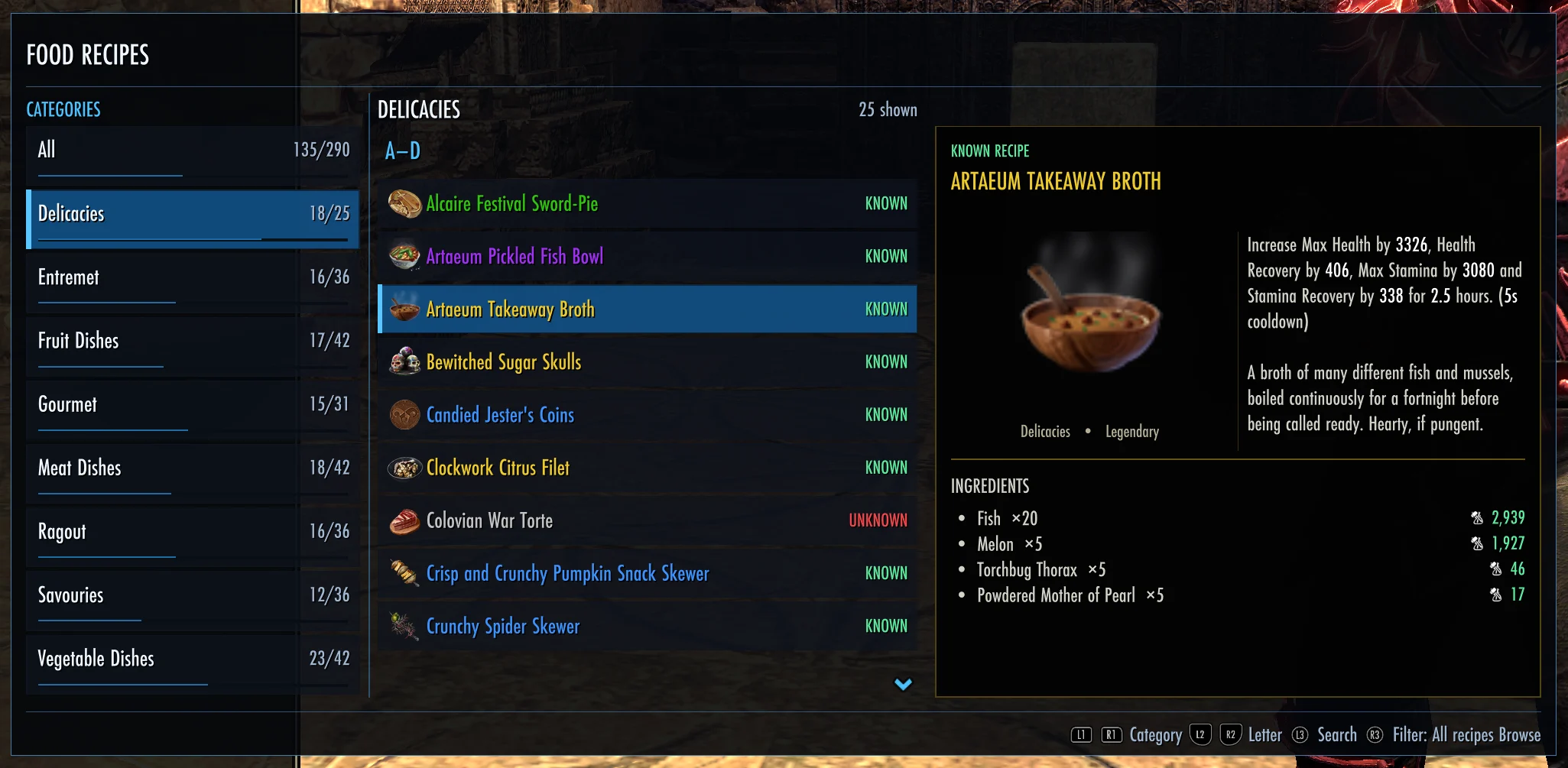 NCollections Food Recipes browser showing categories, known recipes, and ingredients