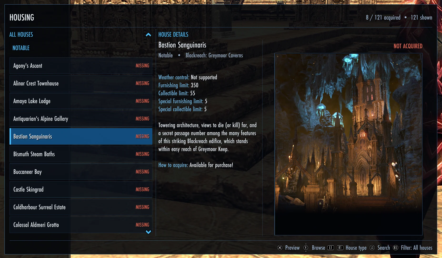 NCollections Housing browser showing ownership, furnishing limits, acquisition details, and house artwork