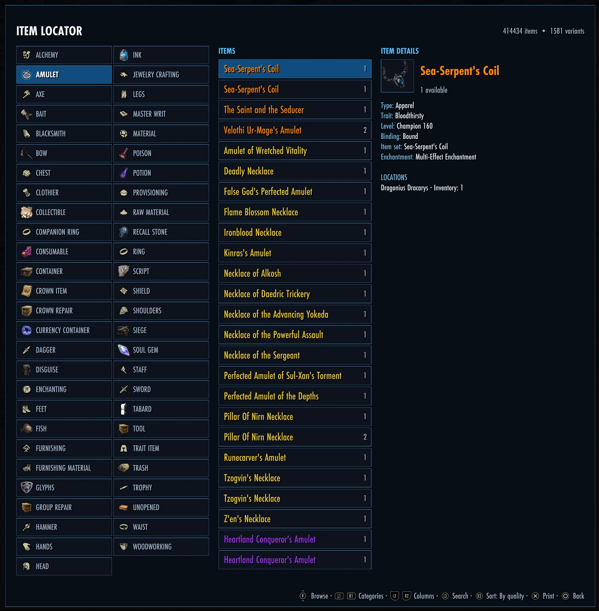 NCollections Item Locator with item categories, matching items, details, and locations
