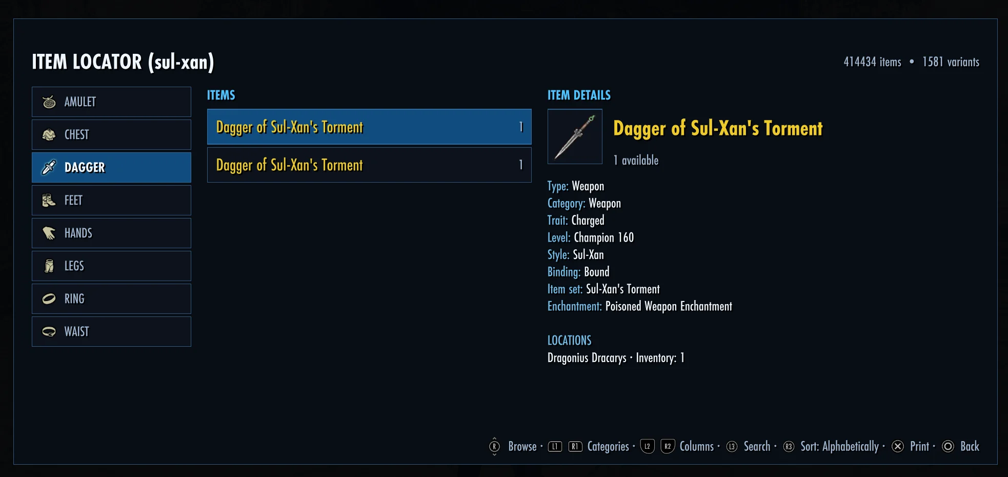NCollections Item Locator search results for Sul-Xan gear with item details and character location