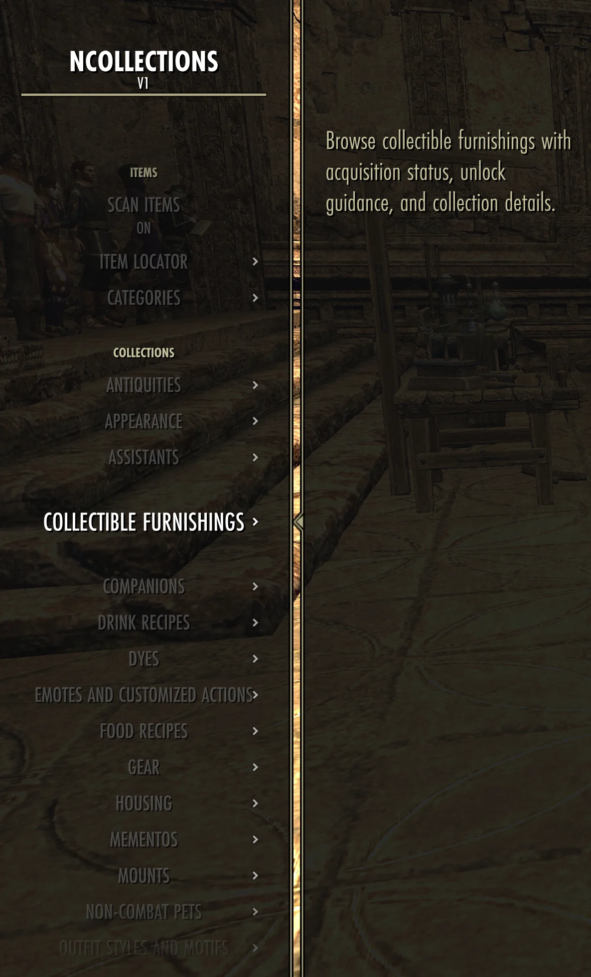 NCollections gamepad menu showing Items and Collections entries