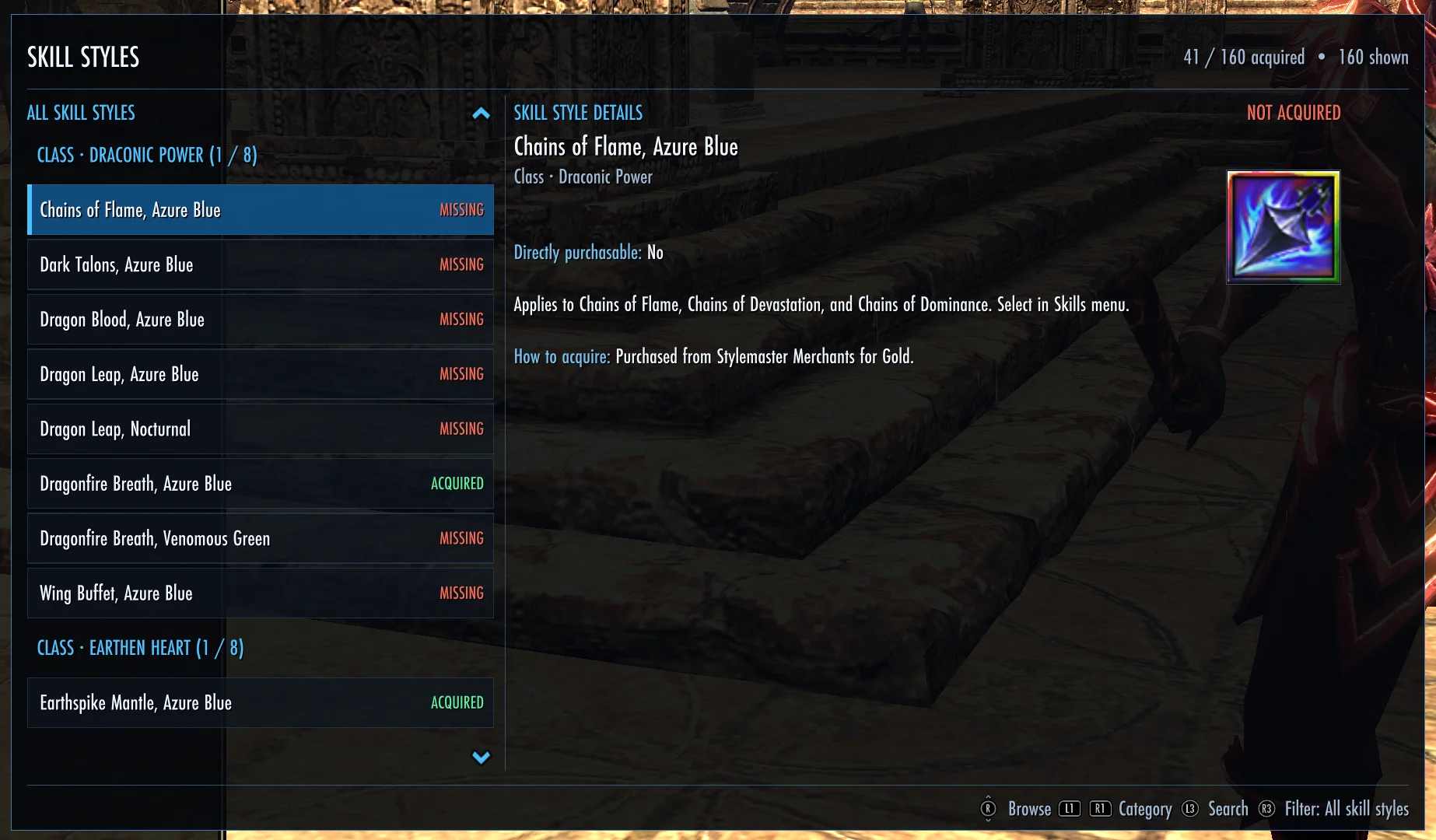 NCollections Skill Styles browser showing ownership, applicable skills, and acquisition guidance