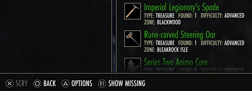 ESO All Active Leads list with the NQOL Show Missing gamepad action visible