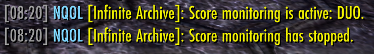 NQOL Infinite Archive chat messages showing duo score monitoring start and stop status
