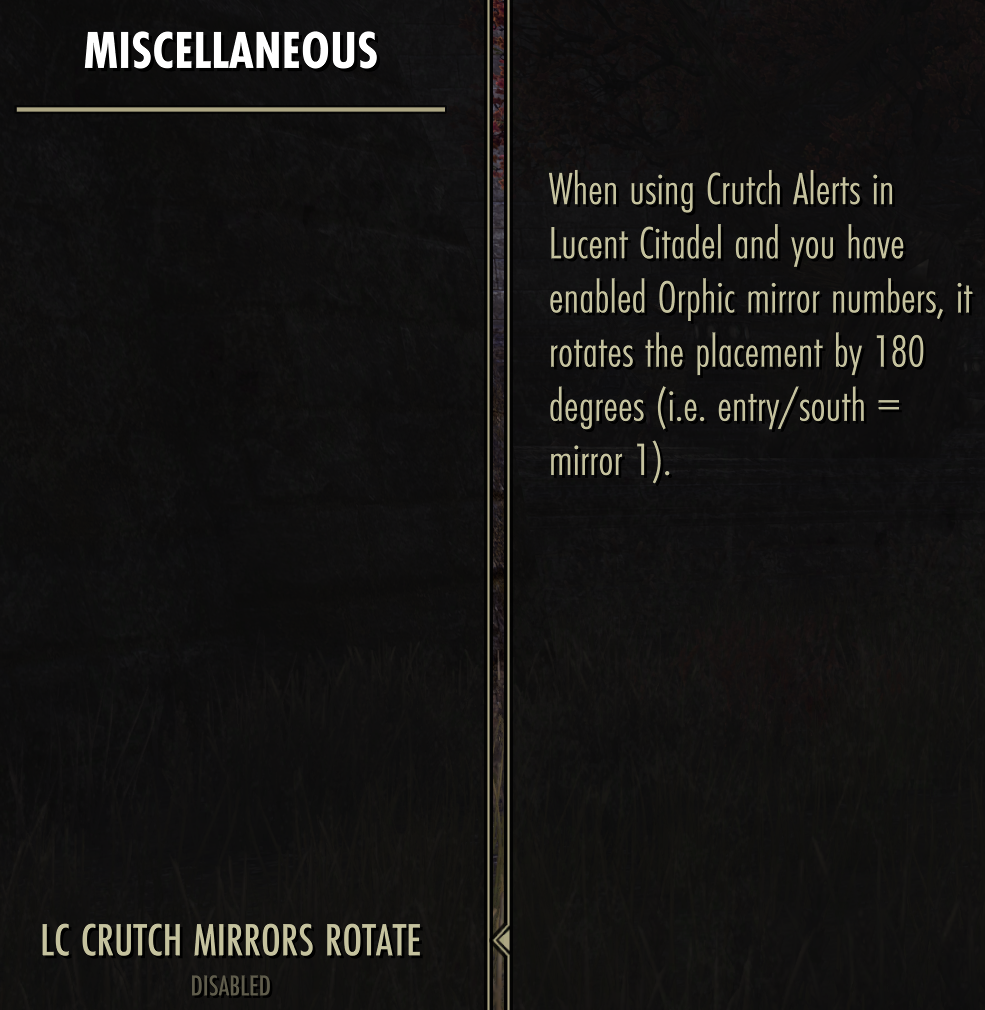 NQOL Combat Miscellaneous menu showing the LC Crutch Mirrors Rotate option