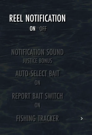 NQOL Fishing menu showing reel notification, bait, and Fishing Tracker options