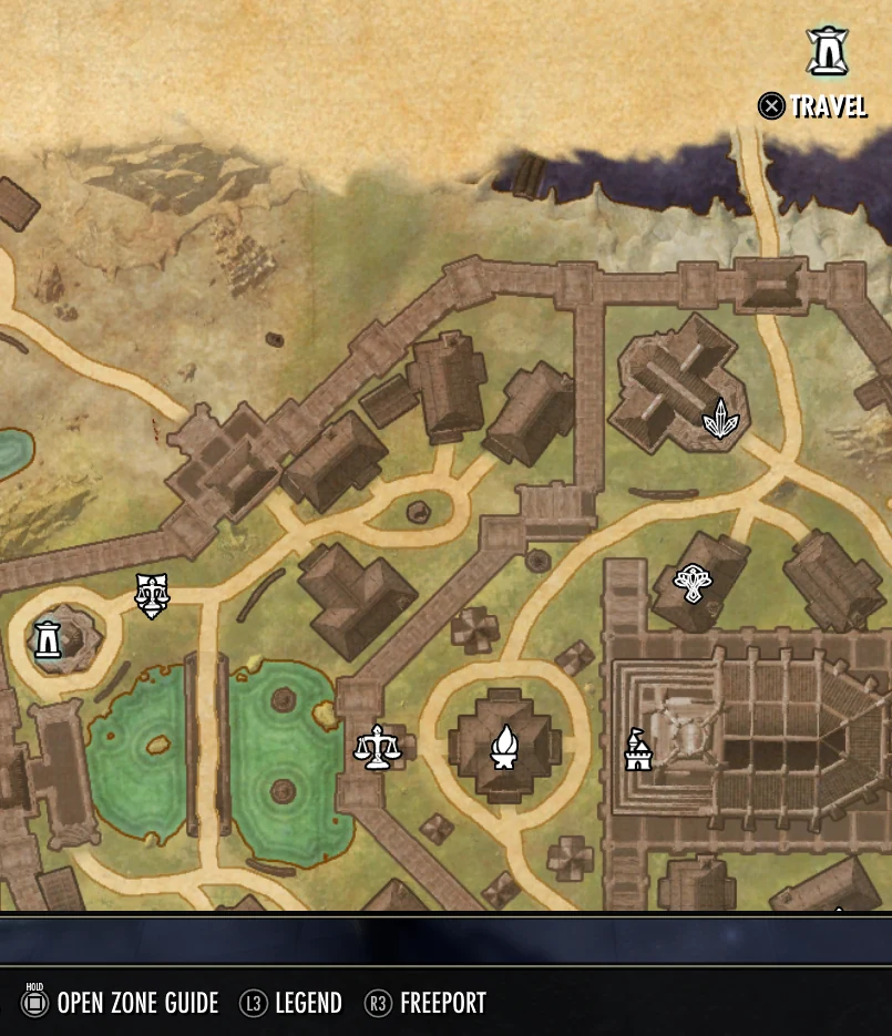 ESO map screen with the NQOL Freeport gamepad action visible