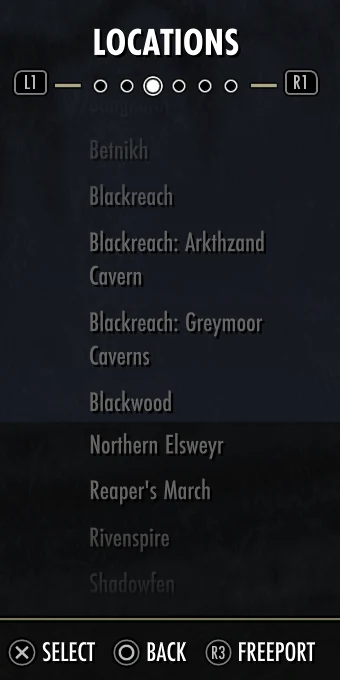 ESO Map Locations list with the NQOL Freeport gamepad action
