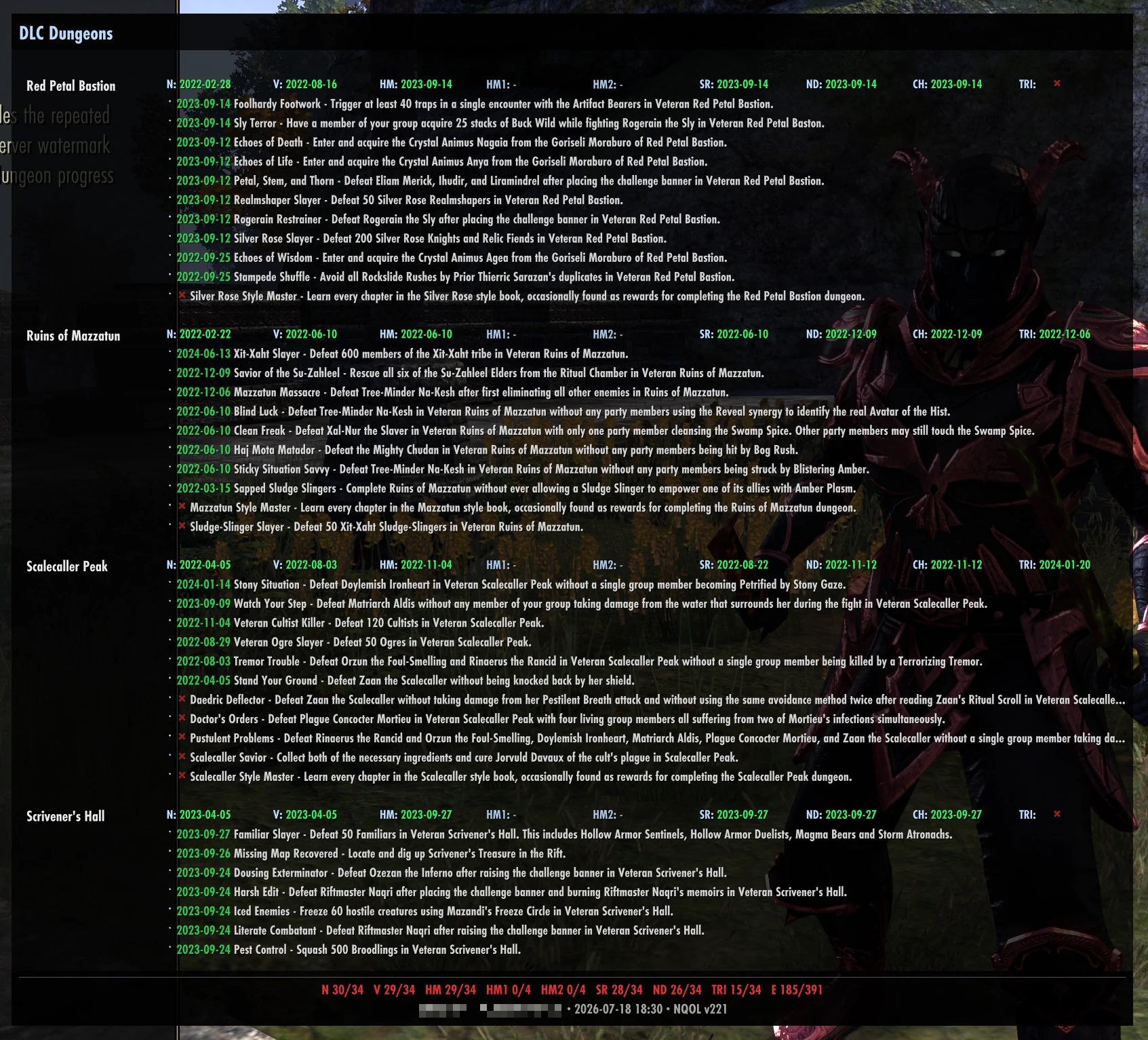 NQOL DLC Dungeons progress tracker showing detailed achievement completion and dates