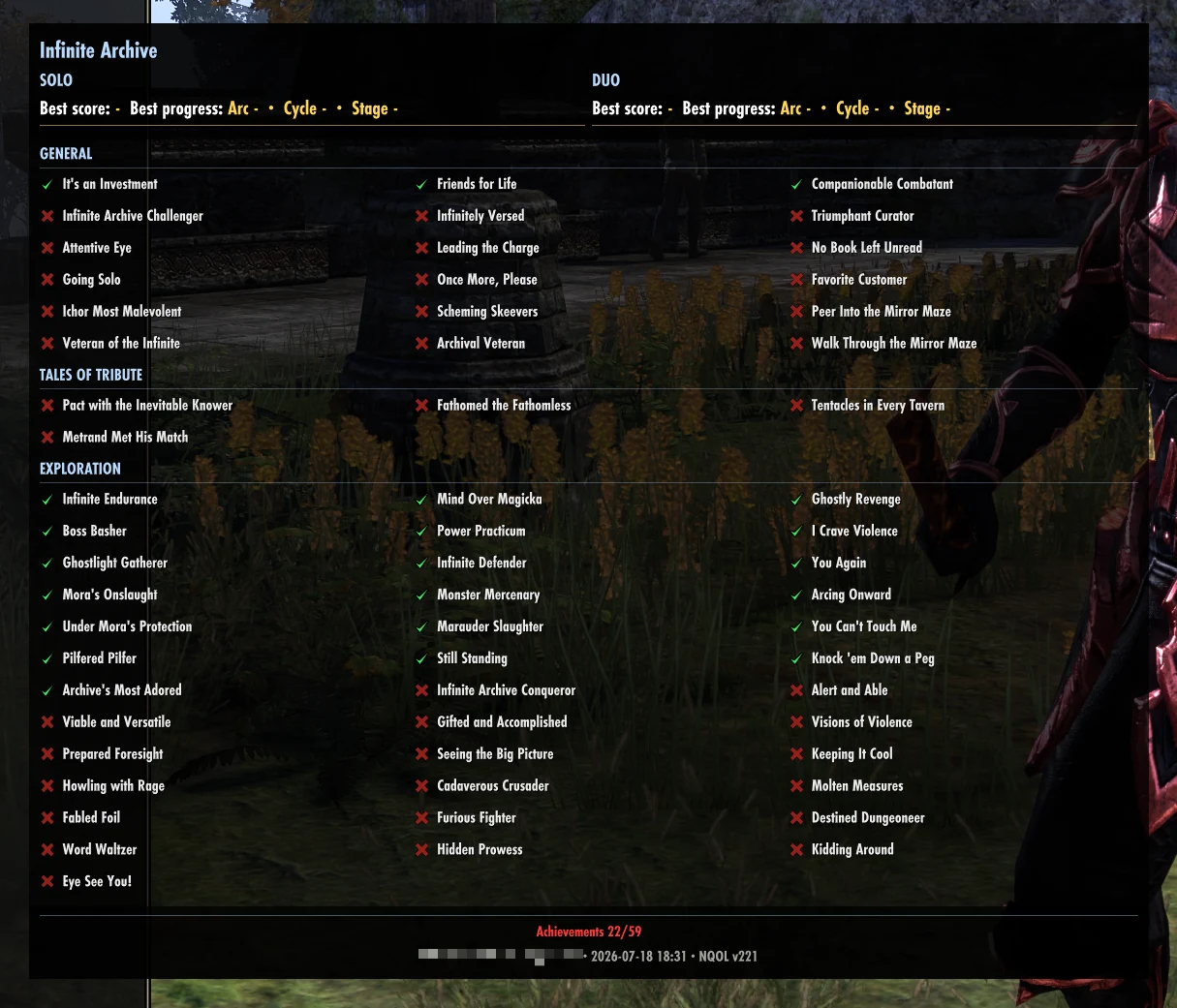 NQOL Infinite Archive progress tracker showing solo and duo records and achievement completion