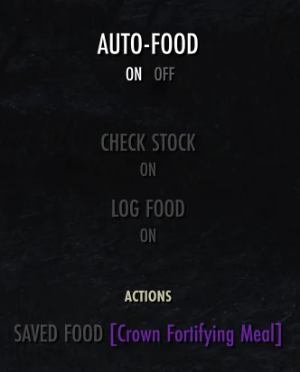NQOL Provisioning menu showing auto-food, stock, log, and saved food options