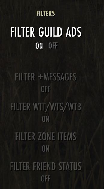 NQOL Chat filters showing guild ads, plus messages, trade, zone item, and friend status options