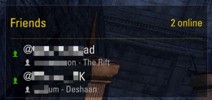 NQOL Friends HUD showing online friends with status icons, character names, and zones
