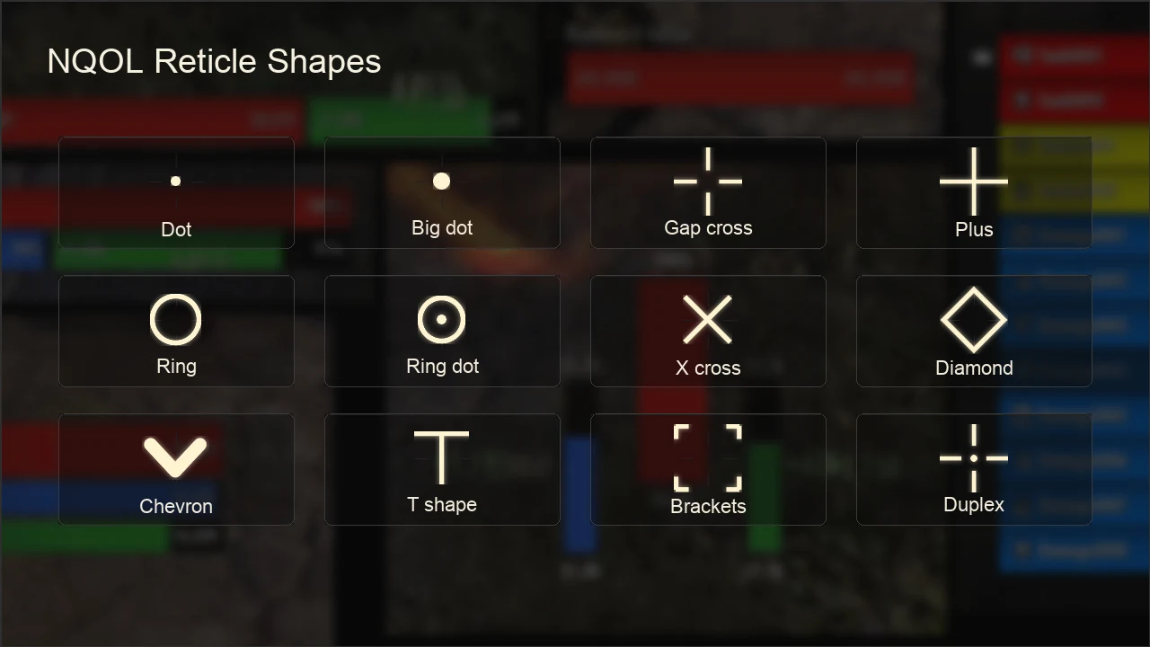 NQOL Combat Reticle shape options displayed in ESO