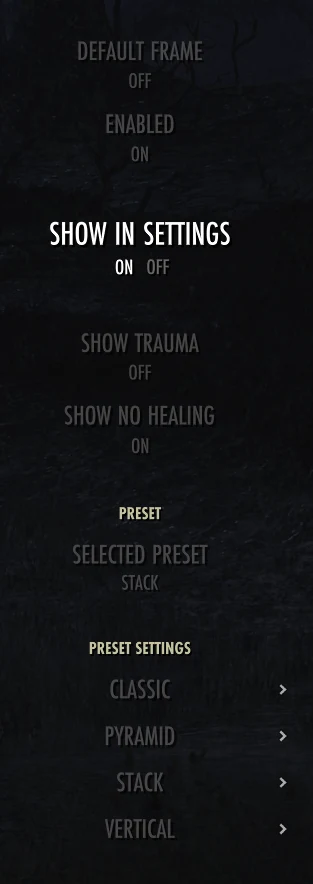 NQOL Player Frame settings showing the selected preset and preset submenus
