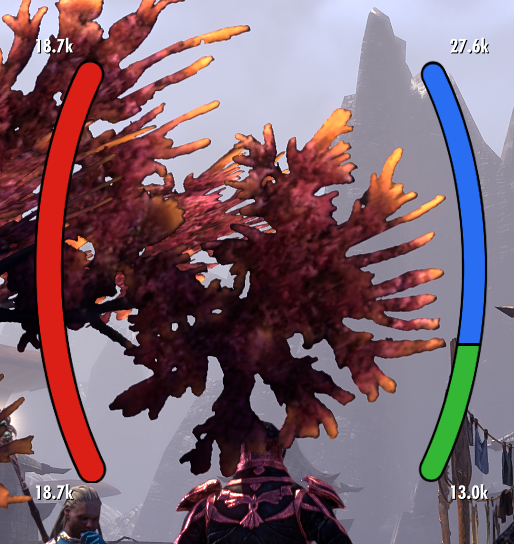 NQOL Radial Player Frame preset showing curved health, magicka, and stamina bars