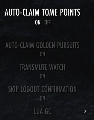 NQOL Utility menu showing automatic claims, Transmute Watch, logout confirmation, and Lua GC