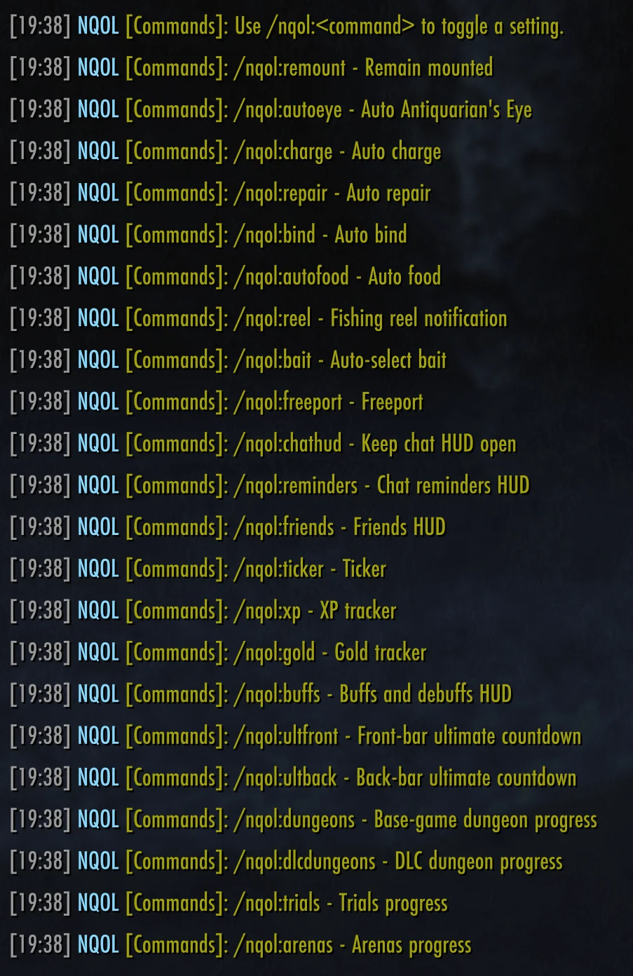 NQOL slash command help output listing available chat commands