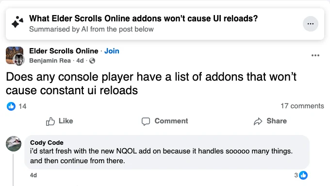 Facebook post comment recommending NQOL for ESO addon UI reloads